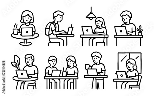 People working on laptops icons set. Freelancers, students, remote work, study in cafe. Outline vector illustrations
