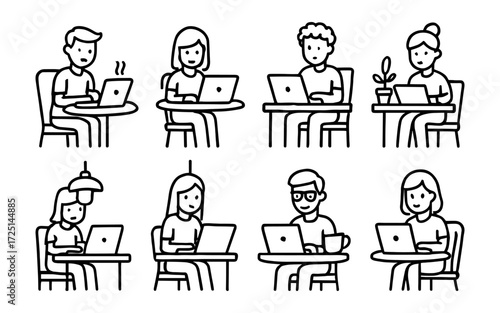 People working on laptops icons set. Freelancers, students, remote work, study in cafe. Outline vector illustrations