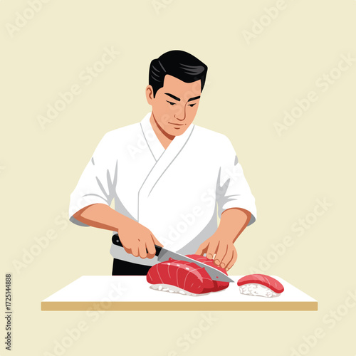 Chef cutting sushi, with knife on board, wearing a white uniform