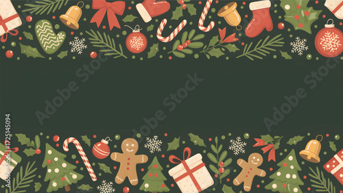 Festive christmas border with traditional holiday elements like gingerbread cookies and ornaments in a silhouette style