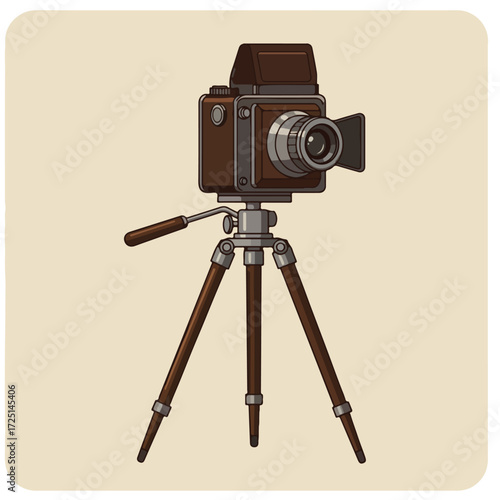 Vintage camera on a tripod against beige background, detailed illustration