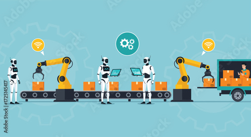Modern automated factory production line with robotic arms and workers for industrial manufacturing vector