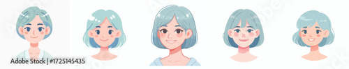 Vector Avatar of a woman's face with short hair colored pastel blue, light skin, cheerful expression
