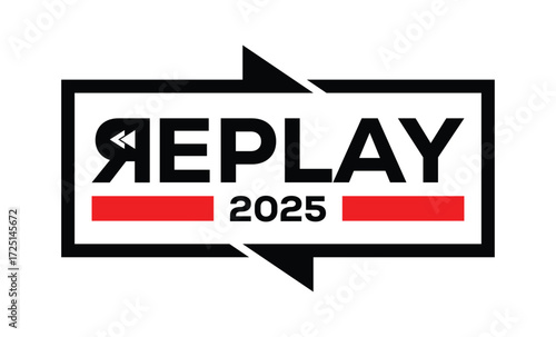 Minimalist 2025 logo design with bold black numerals above a red bar. White text "REPLAY" with rewind and play symbols inside. Clean, modern, flat graphic style on white background.	