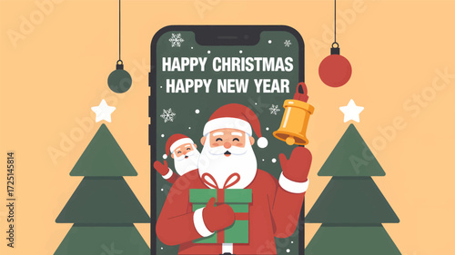 Festive smartphone screen displays santa claus ringing a bell with christmas trees and ornaments in silhouette style