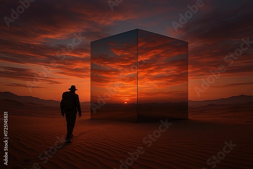 Mirrored Monolith Reflecting Desert Sunset Sky