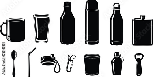 Black silhouette collection of coffee mug, glass, bottle, thermos, flask, shaker, opener, straw, sleeve, and drinkware accessories icons