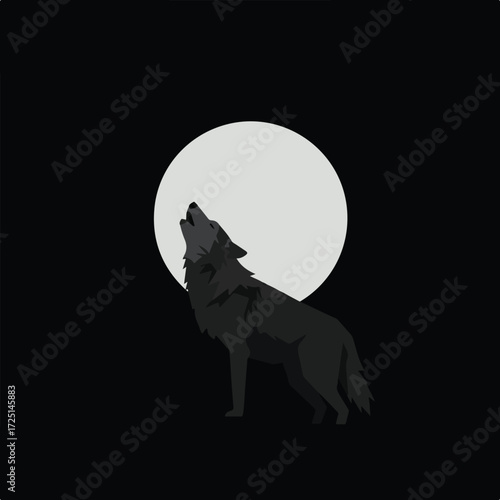 Dark wolf howling at the moon, geometric style, dark background, simple design