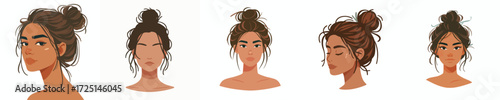 Vector Avatar of a woman's face with hair tied in a messy bun, white skin, relaxed expression