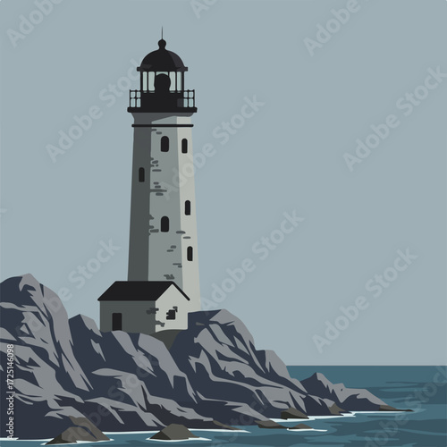 Towering lighthouse on rocks by the ocean under an overcast sky in vector style