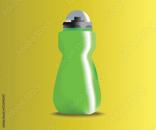 Realistic Green Plastic Water Bottle with Metallic Cap on Gradient Background
A 3D-rendered image of a green plastic water bottle with a curved ergonomic design and a silver metallic cap. The bottle s