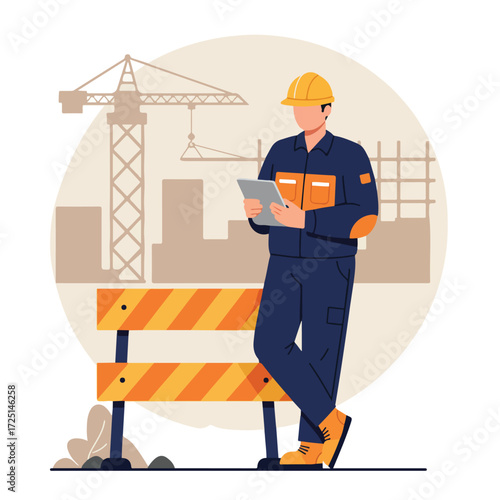 Inspector in hardhat at construction site reviews tablet by safety barrier