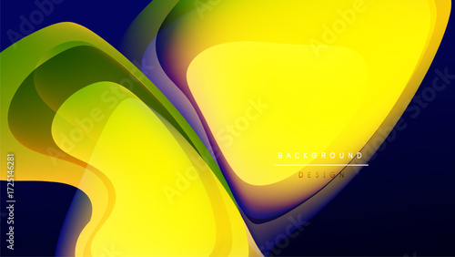 Abstract flowing shapes, vibrant colors blend. Yellows, greens, blues create dynamic composition against black backdrop. Modern design element.