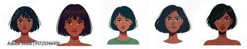Vector Avatar of a woman's face with asymmetrical bob hair, dark skin, confident expression