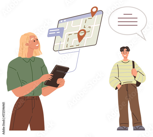 Young woman holding a tablet showing a map with pins, communicating with a man using a speech bubble. Ideal for navigation, communication, technology, travel, collaboration, guidance, social