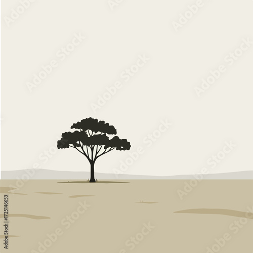 Minimalist savanna illustration with a silhouetted tree under a pale sky