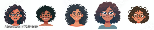 Vector Avatar of a woman's face with big round glasses, curly hair, brown skin