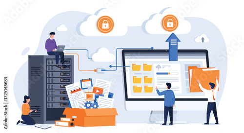Modern cloud computing and digital transformation with people working on servers and data vector