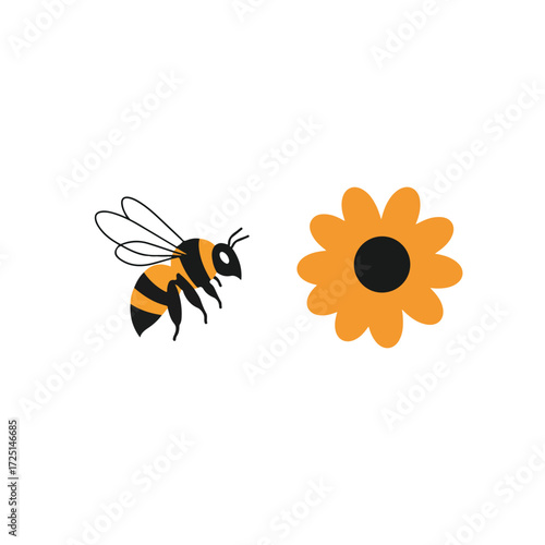 Stylized bee flying toward a simplistic orange flower