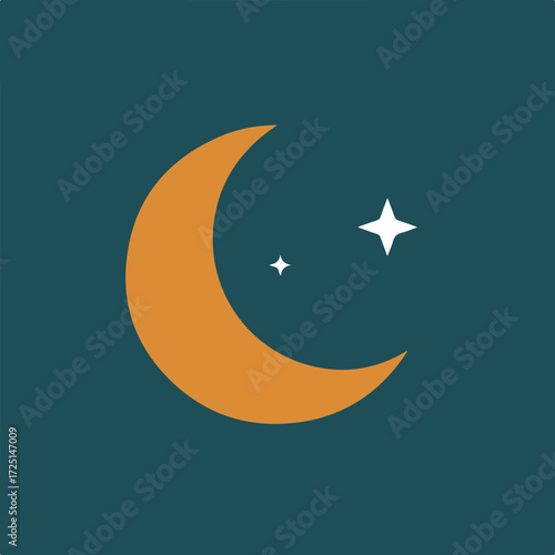 Gold crescent moon & two white stars on a teal background