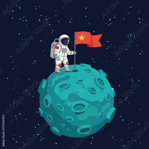 Astronaut plants flag on teal moon, stars on dark backdrop, vector
