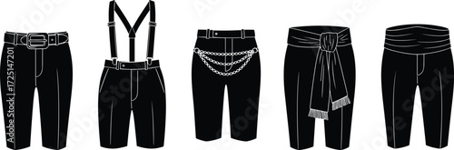 Black silhouette collection of shorts with belts, suspenders, chains, sashes, and ruched waist designs for fashion, clothing, trendy style