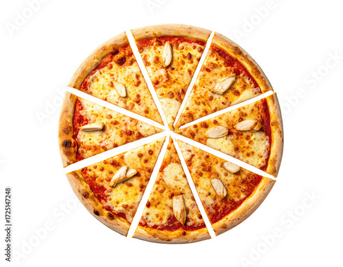 A whole pizza, sliced into eight, with melted cheese and toppings