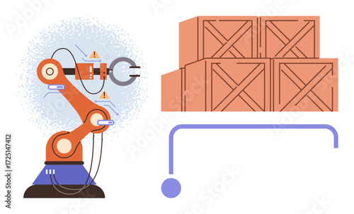 Robotic arm handling multiple wooden crates on cart, emphasizing automation, productivity, and innovation. Ideal for industry, robotics, logistics, manufacturing, technology warehouse management
