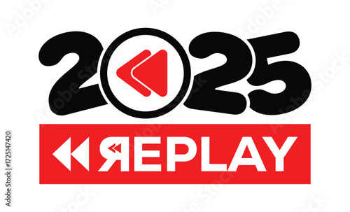 Minimalist 2025 logo design with bold black numerals above a red bar. White text "REPLAY" with rewind and play symbols inside. Clean, modern, flat graphic style on white background.