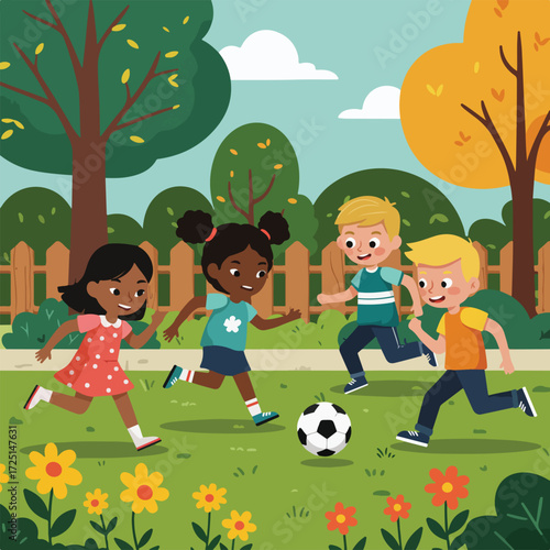 Children play soccer in the park, surrounded by trees, flowers, and a wooden fence
