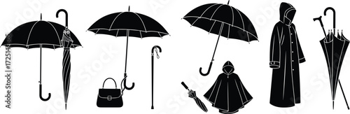 Black silhouette collection of umbrellas, raincoats, ponchos, handbags, and canes showcasing rain gear, fashion accessories, weather protection, lifestyle design