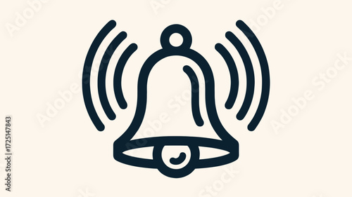 Stylized outline silhouette of a ringing bell with sound waves emanating outwards on a light background