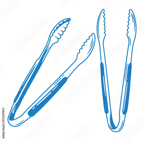 Blue kitchen tongs illustration isolated on white background suitable for food blogs and recipe websites