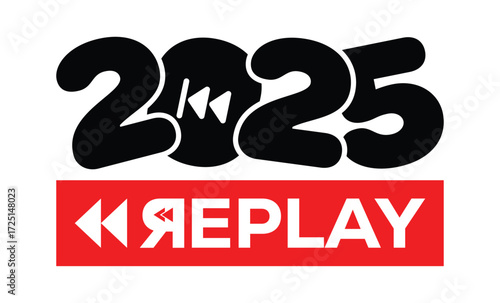 Minimalist 2025 logo design with bold black numerals above a red bar. White text "REPLAY" with rewind and play symbols inside. Clean, modern, flat graphic style on white background.