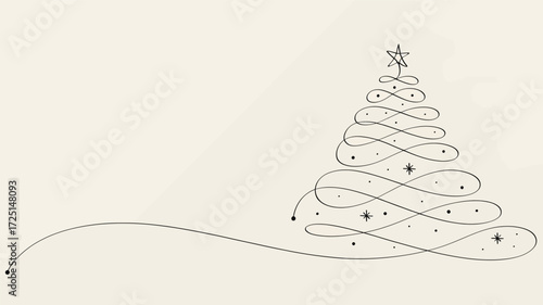 Elegant minimalist christmas tree silhouette formed by a single flowing line with subtle star embellishments and a delicate star topper silhouette
