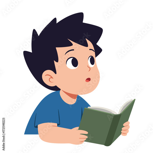 Boy reading a book looks up with surprised expression in cartoon illustration