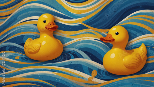 Playful Yellow Rubber Duck on Blue and White Striped Waves – Minimalist Whimsical Toy Design