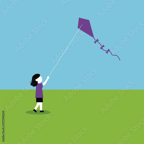 Girl flies purple kite against a blue sky and green field