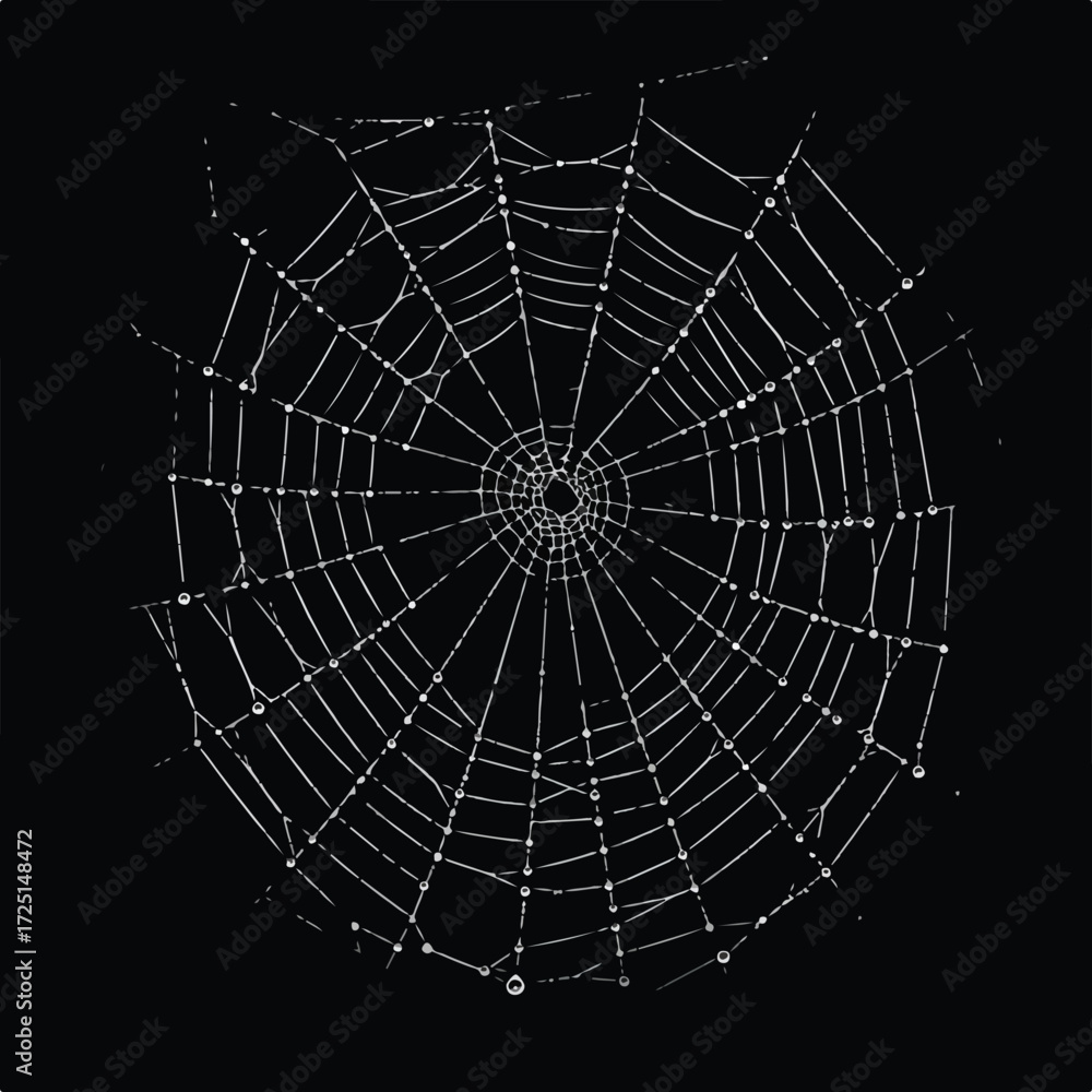 Fototapeta premium A stark web with dew, detailed white lines on a black backdrop