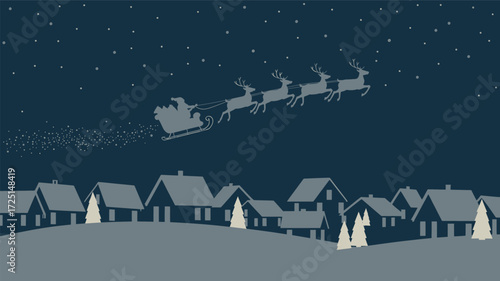 Santa claus and reindeer flying over a snowy village at night with a starry sky silhouette