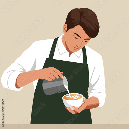 Barista pouring milk into coffee cup to create latte art