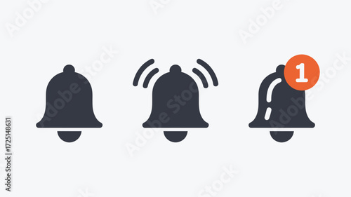 Three dark gray bell silhouettes representing notification states including a ringing bell and a bell with an unread notification badge silhouette