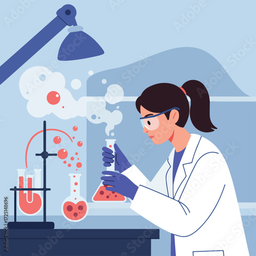 Scientist at lab bench with beakers, test tubes, and smoke effect in flat vector style