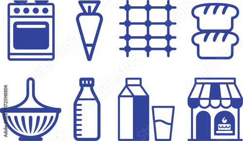 Baking and Pastry Icons: Oven, Piping Bag, Bread, and Bakery Shop