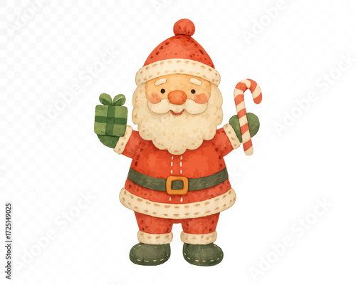 Felt Santa Claus ornament with stitched edges, holding a green gift box and candy cane, dressed in classic red suit with white beard, cozy handmade Christmas decoration. Watercolor vector illustration