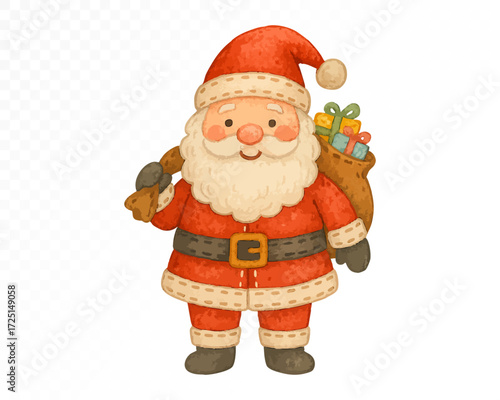 Felt Santa Claus ornament with stitched edges, carrying a brown sack filled with colorful gifts, red suit and white beard, cozy handmade Christmas decoration. Watercolor vector illustration.