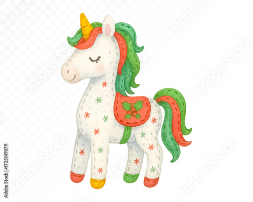 Christmas felt unicorn toy with stitched edges, red and green festive mane and tail, golden horn, decorated saddle with holly leaves, cozy handmade holiday decoration. Watercolor vector illustration.