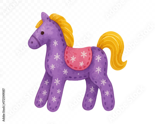 Purple felt toy horse with stitched edges, golden mane and tail, decorated with pink saddle and white snowflake patterns, cozy handmade plush decoration in whimsical style. Watercolor vector illustrat