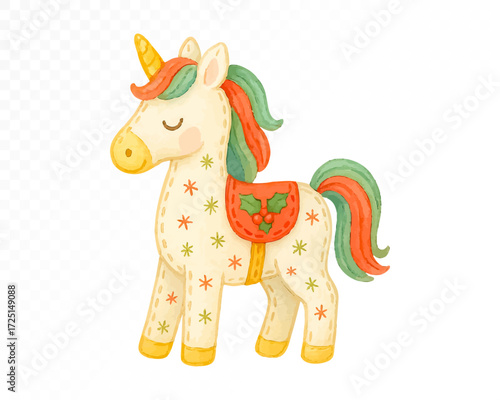 Christmas felt unicorn toy with stitched edges, red and green festive mane and tail, golden horn, decorated saddle with holly leaves, cozy handmade holiday decoration. Watercolor vector illustration.