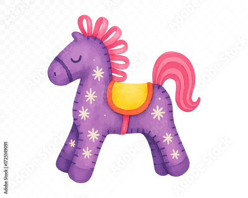Cute felt horse toy in purple with pink mane and tail, yellow saddle and star pattern details, handmade cozy fabric design in watercolor texture. Vector illustration.
